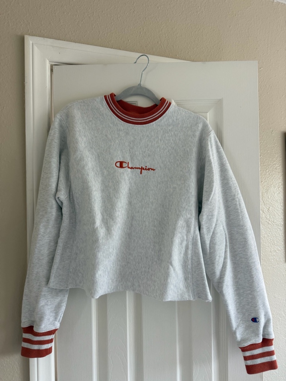 Champion Light Gray Crewneck Sweatshirt with Red Trim